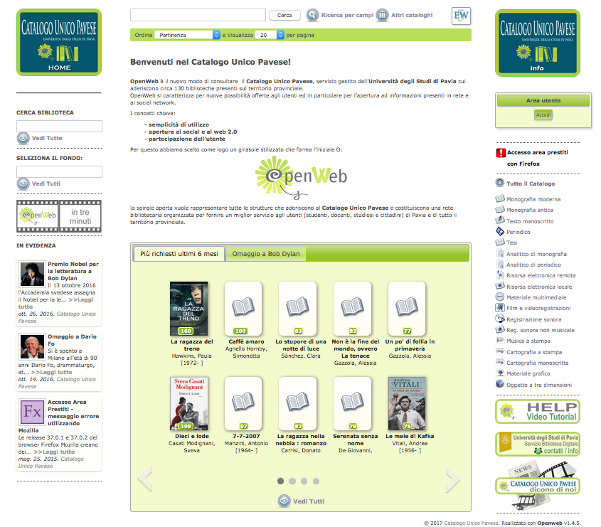 La pagina principale di OpenWeb Università di Pavia